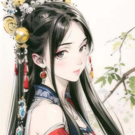 00872-3479935726-gufeng style, 1girl, black hair, long hair, hair ornament, looking at viewer, jewelry, solo, from side, upper body.png